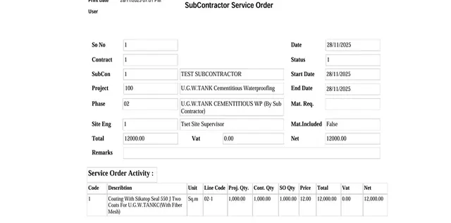 Subcontractors Service Order