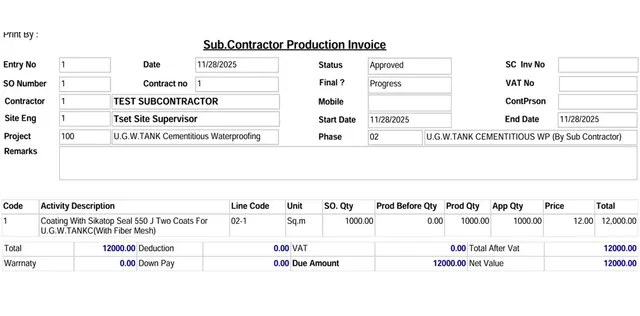 Subcontractors Production Invoice